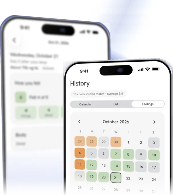 TRTracker check-in history calendar showing mood and daily wellbeing records